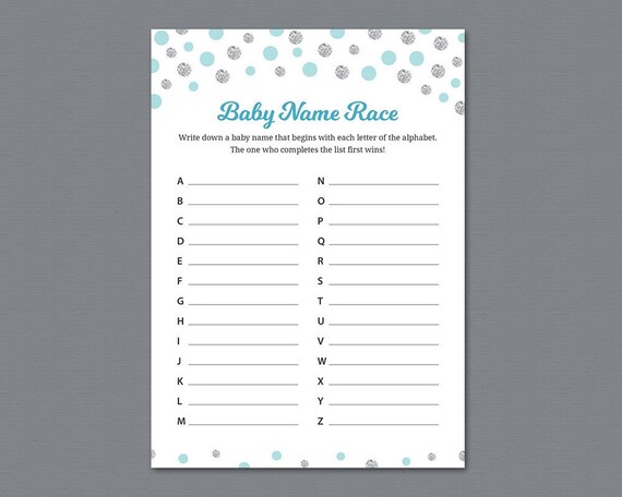fun baby name race game printable blue silver confetti boy etsy