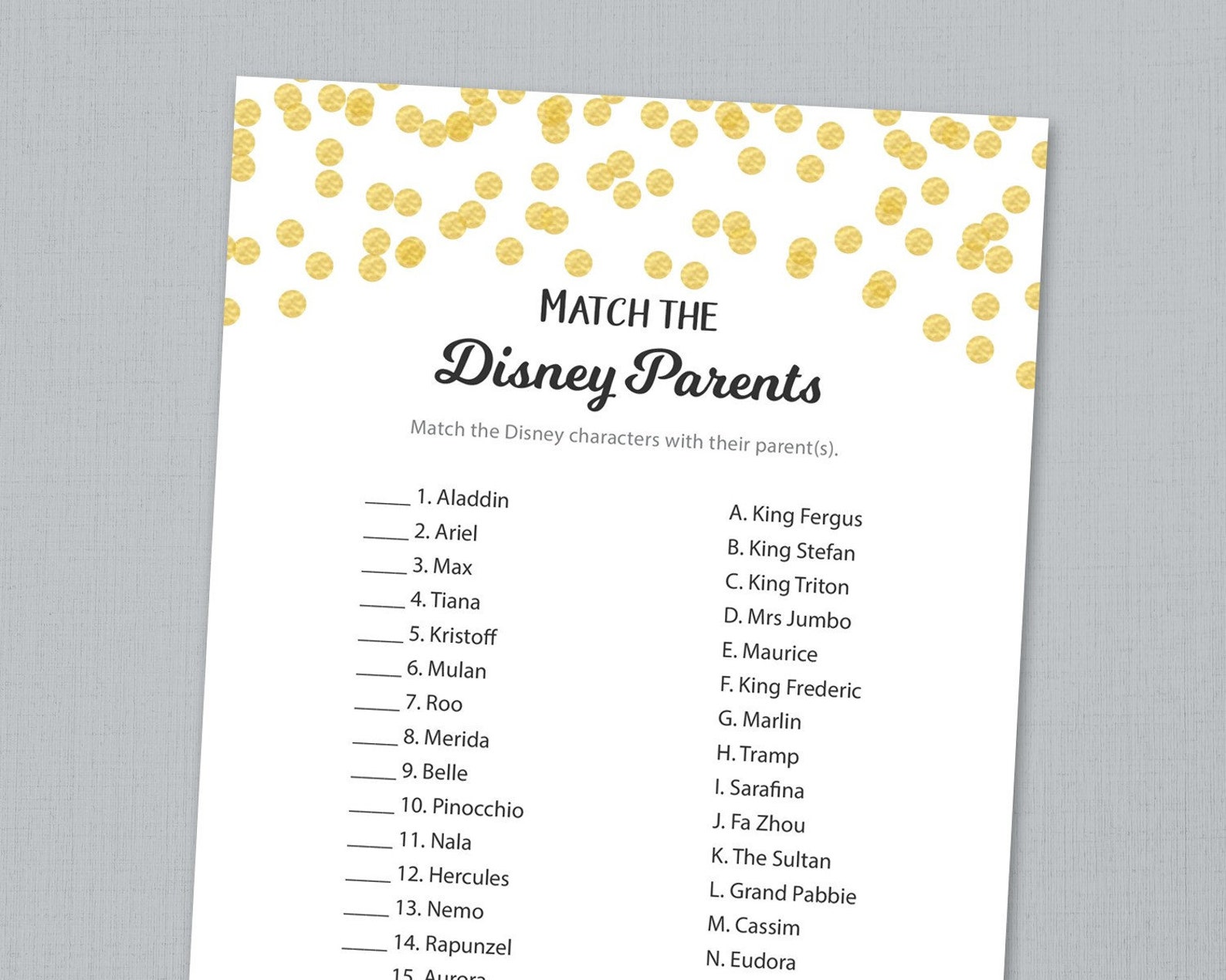 Disney Parent Match Game Printable Baby Shower Games Match | Etsy