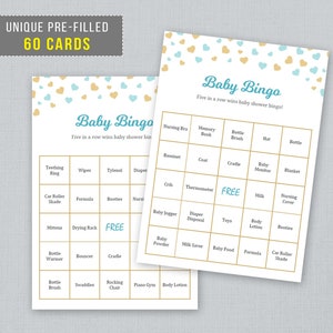60 Prefilled Baby Shower Bingo Cards, Baby Bingo Cards, Baby Bingo Game, Blue Gold Hearts Confetti, Baby Shower Activities, Digital, B002