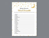 Gold Moon and Stars Baby Word Scramble Game Printable, Unisex Baby Shower, Stars Confetti, Instant Download, Unscramble, Words Puzzle, B044