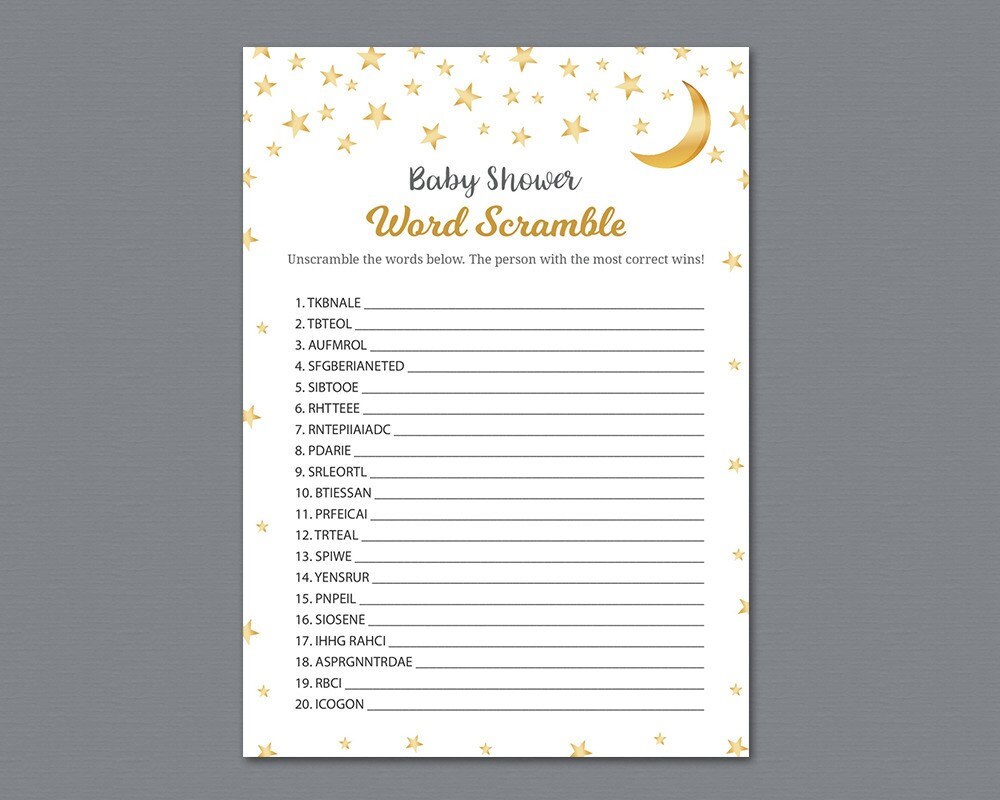 Gold Moon and Stars Baby Word Scramble Game Printable, Unisex Baby