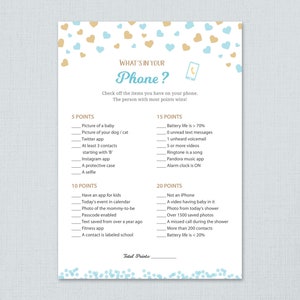 Baby Shower Whats in Your Phone Game Printable, Gold Hearts Confetti Dots,  What&#39;s on your cell phone, Gender Neutral Instant Download, B002