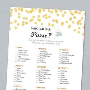 Whats in Your Purse, Baby Shower Games Printable, Gold Polka Dots, Confetti, Purse Raid, Purse Hunt, What's In Your Bag, Download, B001