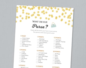 Whats in Your Purse, Baby Shower Games Printable, Gold Polka Dots, Confetti, Purse Raid, Purse Hunt, What's In Your Bag, Download, B001