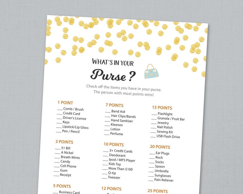 Whats in Your Purse, Baby Shower Games Printable, Gold Polka Dots, Confetti, Purse Raid, Purse Hunt, What's In Your Bag, Download, B001 image 1