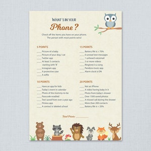 What&#39;s In Your Phone Game Printable, Woodland Theme, Baby Shower Games, What&#39;s on Your Phone, Forest Animals, Cell Phone, Mobile, B009