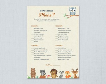 What's In Your Phone Game Printable, Woodland Theme, Baby Shower Games, What's on Your Phone, Forest Animals, Cell Phone, Mobile, B009