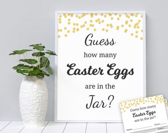 Easter Eggs Guessing Game, Baby Shower Games Printable, Gold Confetti, Guess How Many Eggs in a Jar, Easter Eggs in Bottle, Activity, B001