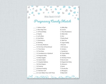 Pregnancy Candy Match Game Printable, How Sweet it is, Blue Silver Hearts, Boy Baby Shower Games, Fun Activities, Candy Matching Game, B008