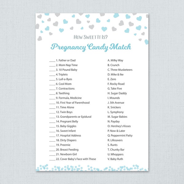 Pregnancy Candy Match Game Printable, How Sweet it is, Blue Silver Hearts, Boy Baby Shower Games, Fun Activities, Candy Matching Game, B008