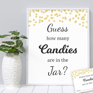 Candy Guessing Game, Baby Shower Games Printable, Gold Confetti, Guess How Many Candies in a Jar, Candies in Bottle, Activities, B001