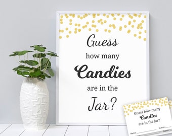 Candy Guessing Game, Baby Shower Games Printable, Gold Confetti, Guess How Many Candies in a Jar, Candies in Bottle, Activities, B001