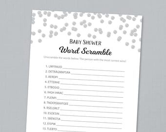 Word Scramble Game Printable, Baby Shower Games, Silver Confetti, Baby Shower Activity, Instant Download, Unscramble, Words Puzzle, B016