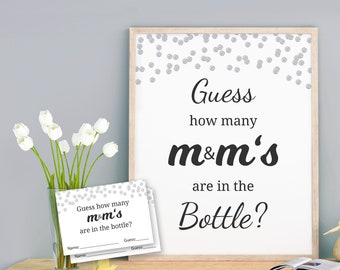 Raten Sie, wie viele M & M&#39;s Spiel druckbar, Baby Shower Spiele, Silber Konfetti, wie viele Süßigkeiten, Dusche Aktivität, Pralinen, Karten und Schild B016