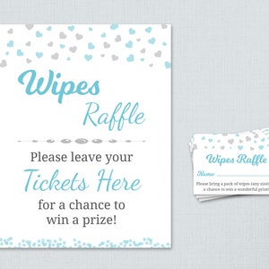 Carta e biglietti della lotteria per salviette per neonati, cartello della lotteria per pannolini stampabile, coriandoli di cuori blu grigi, cartelli per baby shower per ragazzi, biglietti della lotteria per salviette, B008