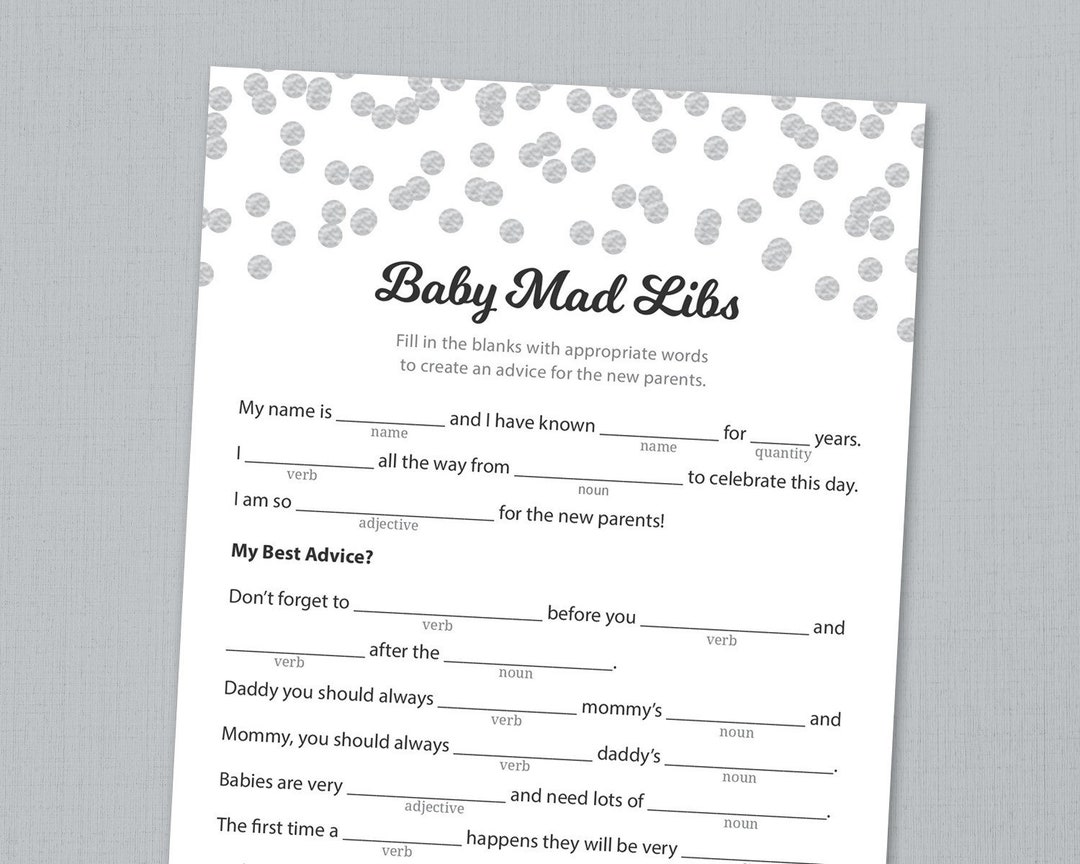 Baby Shower Mad Libs Printable, Advice for the New Parents, Grey