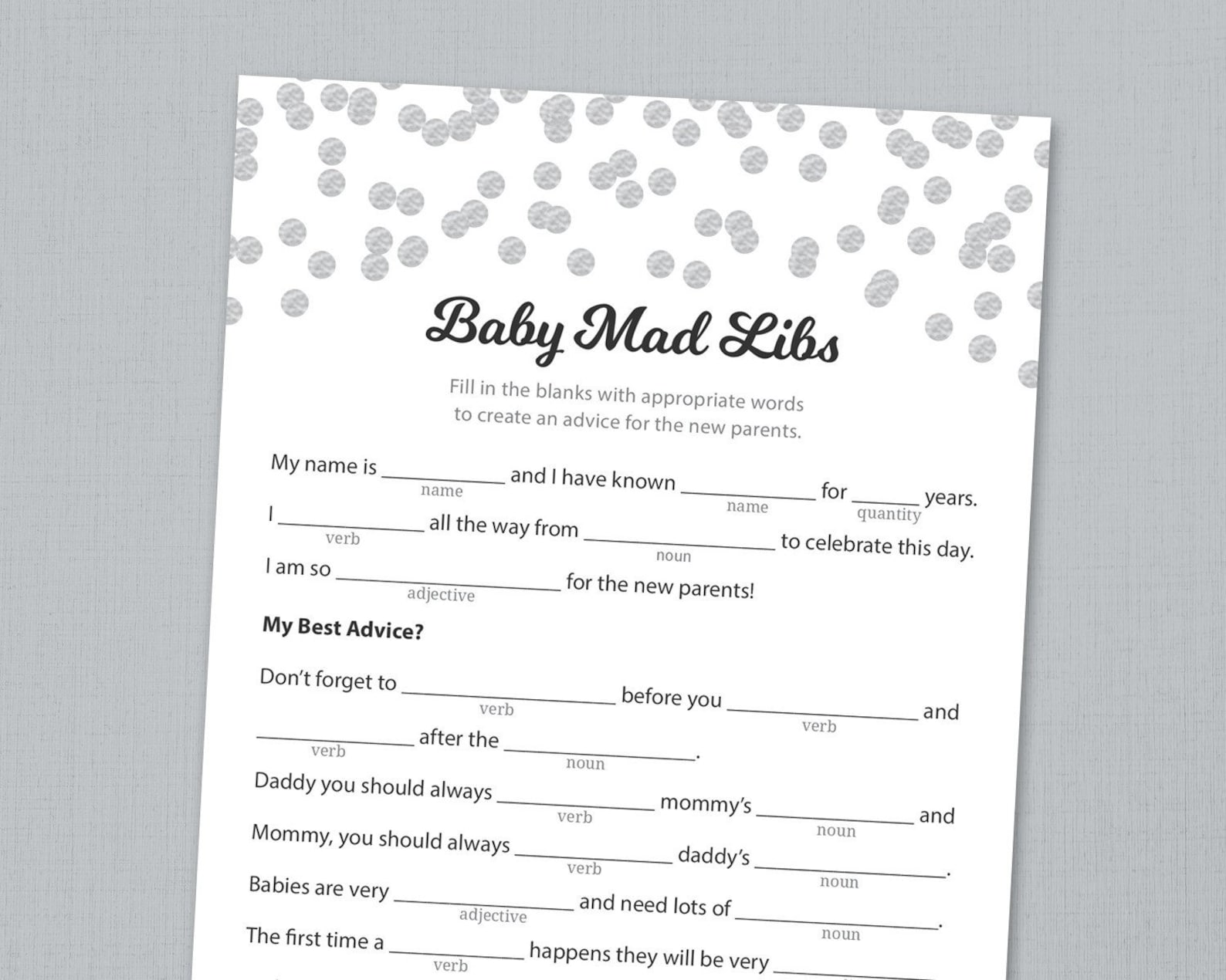 Baby Shower Mad Libs Printable, Advice for the New Parents, Grey ...