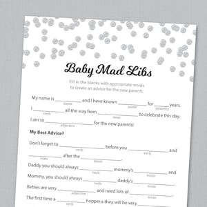 Baby Shower Mad Libs Printable, Advice for the New Parents, Grey Confetti, Mad Libs Baby Shower Games & Activities, Instant Download, B016