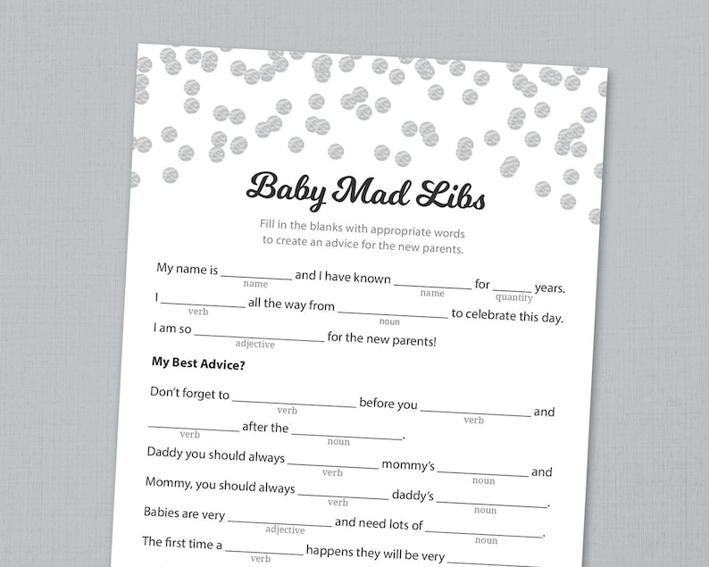 Child Shower Insane Libs Printable, Information for the Clean Dad and mom, Gray Confetti, Nuts Libs Boy or girl Shower Video games Functions, Prompt Down load, B016 photograph regarding Baby Shower Mad Libs Printable referred to as Child Shower Outrageous Libs Printable, Information for the Fresh new Mom and dad, Gray Confetti, Crazy Libs Little one Shower Online games Pursuits, Instantaneous Obtain, B016