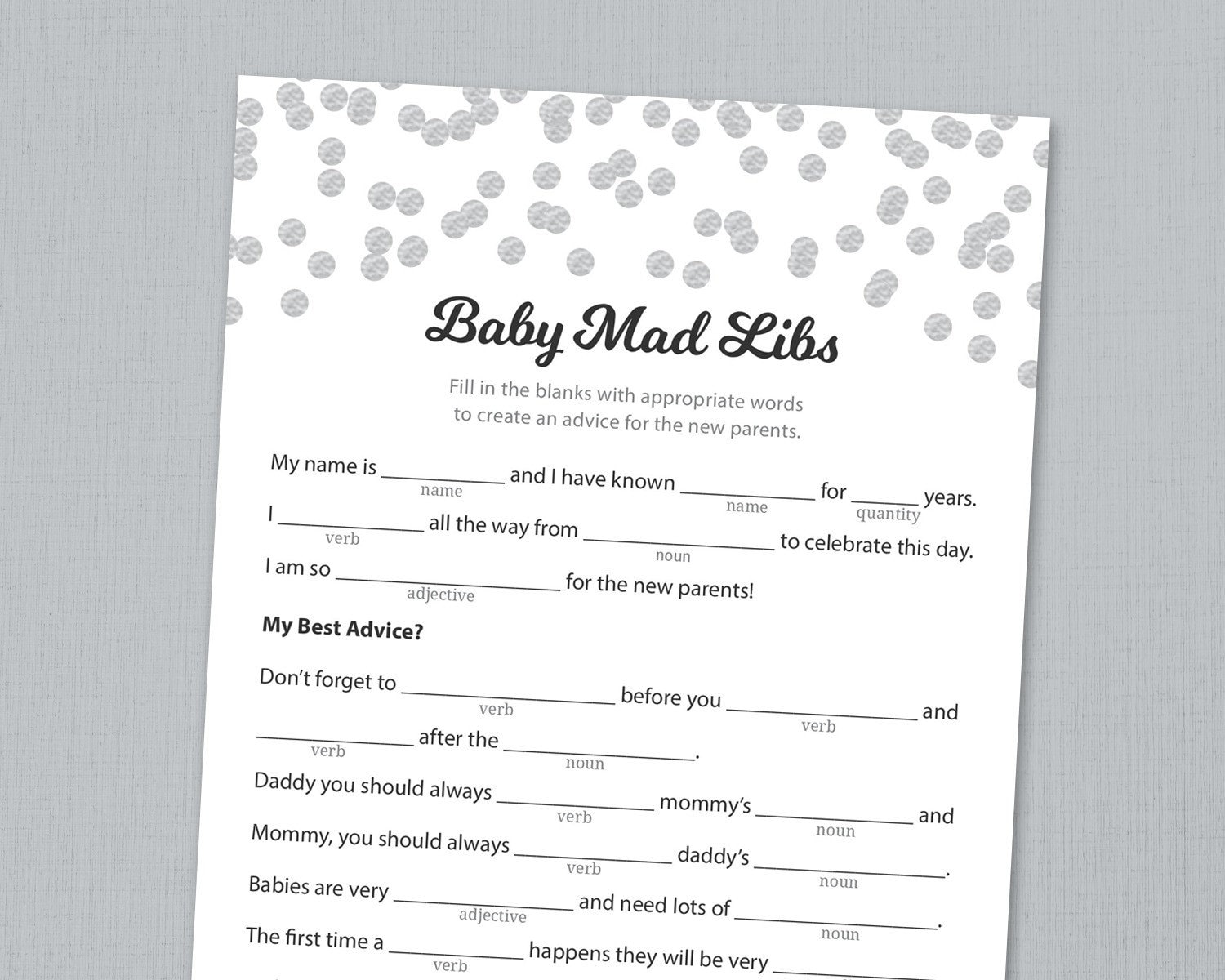 Baby Shower Mad Libs Printable, Advice for the New Parents, Grey Confetti, Mad Libs Baby Shower Games & Activities, Instant Download, B016 - Etsy baby-shower-mad-libs-printable-advice-for-the-new-parents-grey-confetti-mad-libs-baby-shower-games-activities-instant-download-b016-etsy