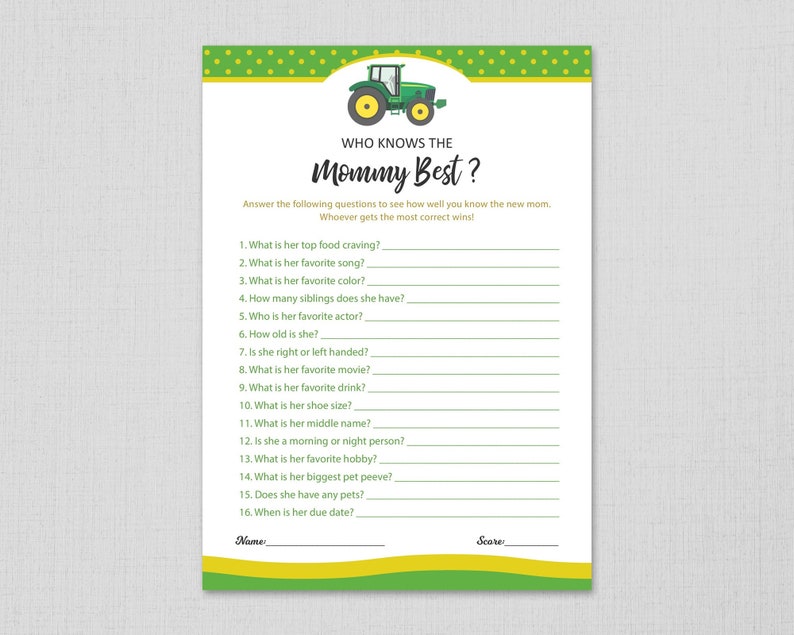 Who Knows Mommy Best Boy Baby Shower Game Printable Green Etsy