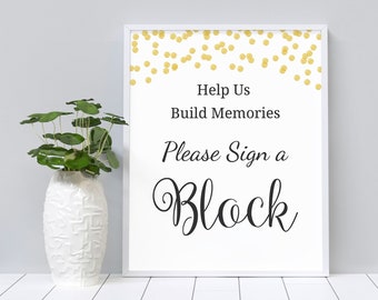 Please Sign a Block, Please Decorate A Block Sign Printable, Gold Confetti, Baby Shower Games, Instant Download, Shower Activity, B001