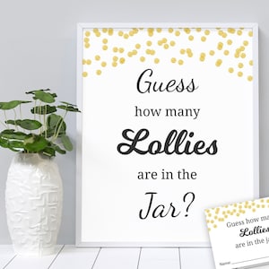 Lollies Guessing Game, Baby Shower Games Printable, Gold Polka Dots, Guess How Many Lollies in a Jar Box, Lollipop in Bottle, B001
