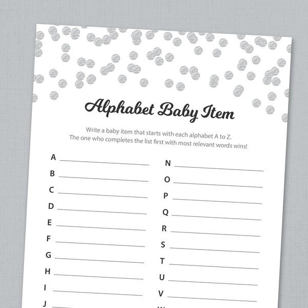 Alphabet Baby Item Game, ABC Baby Item, Silver Confetti Baby Shower Games Printable, A to Z Baby Item Game, Baby ABCs, Baby Alphabet, B016