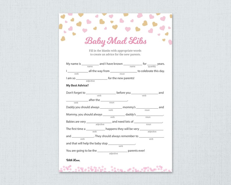 Mad Libs Baby Shower Game Printable Girl Baby Shower | Etsy