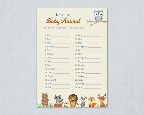 Name the Baby Animal, Woodland Theme Baby Shower Games Printable