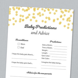 Tarjetas de predicción de bebés imprimibles, Juegos de baby shower de confeti dorado, Tarjeta de consejos para los nuevos padres, Descarga instantánea, Estadísticas de bebés, B001