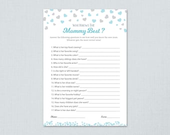 Who Knows Mommy Best, Boy Baby Shower Game Printable, Blue Hearts Confetti, How Well Do You Know the Mommy to Be, Activity Card, Quiz, B008