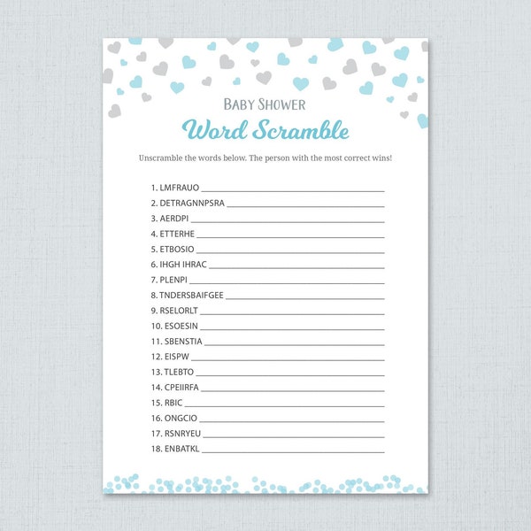 Word Scramble Game Printable, Boy Baby Shower Games, Silver Confetti, Baby Shower Activity, Instant Download, Unscramble, Words Puzzle, B008