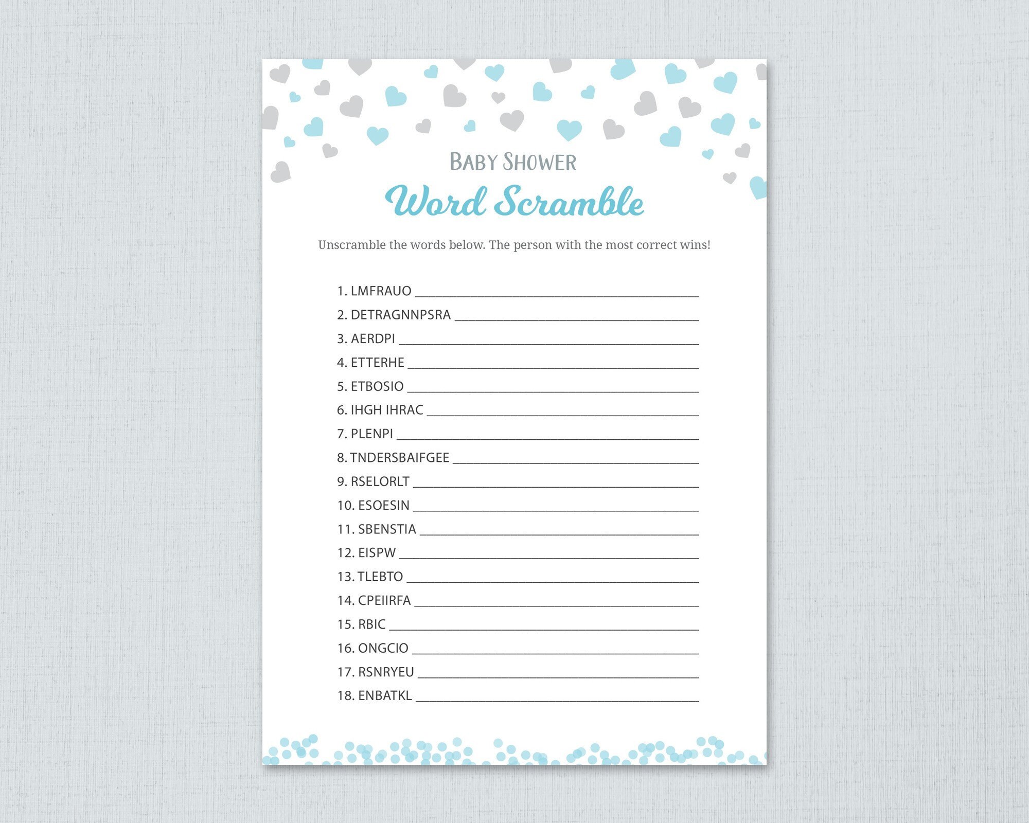 word scramble game printable boy baby shower games silver etsy