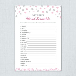 Word Scramble Game Printable, Baby Shower Games, Grey Confetti, Girl Baby Shower Activity, Instant Download, Unscramble, Words Puzzle, B007