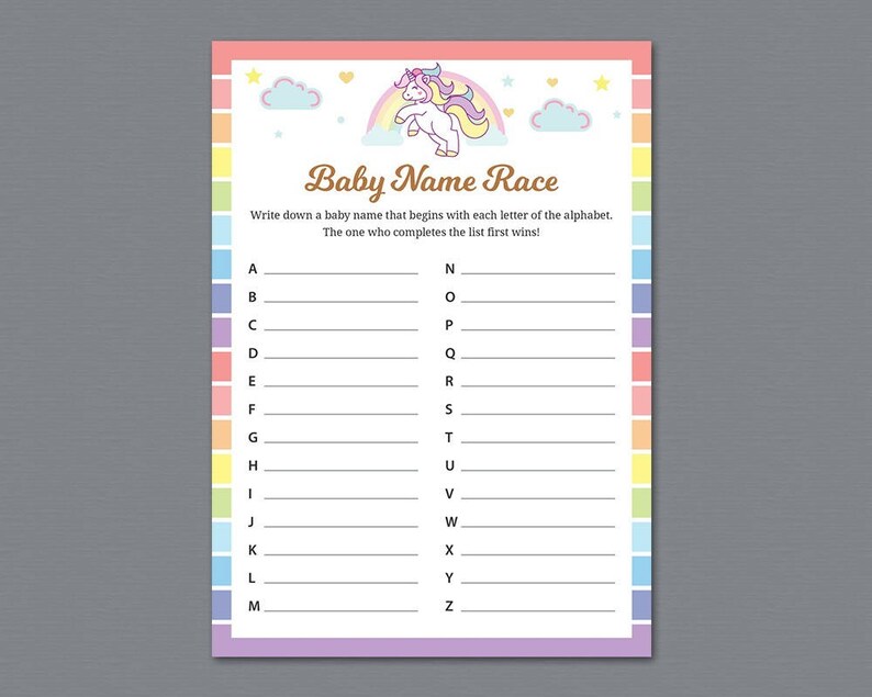 Unicorn Baby Name Race Game Printable Unique Baby Shower Etsy Unicorn Baby Name Race Game Printable Unique Baby Shower Etsy