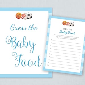 Peut inclure: Une carte rayée bleu et blanche avec le texte "Guess the Baby Food" en écriture cursive bleue. La carte comporte un graphique d'un ballon de basket, d'un ballon de football américain et d'un ballon de football. Une carte séparée avec le texte "Guess the Baby Food" en texte bleu. La carte comporte une liste de 10 lignes vides pour écrire les réponses.