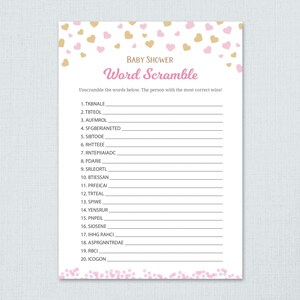 Word Scramble Game Printable, Baby Shower Games, Gold Confetti, Girl Baby Shower Activity, Instant Download, Unscramble, Words Puzzle, B003