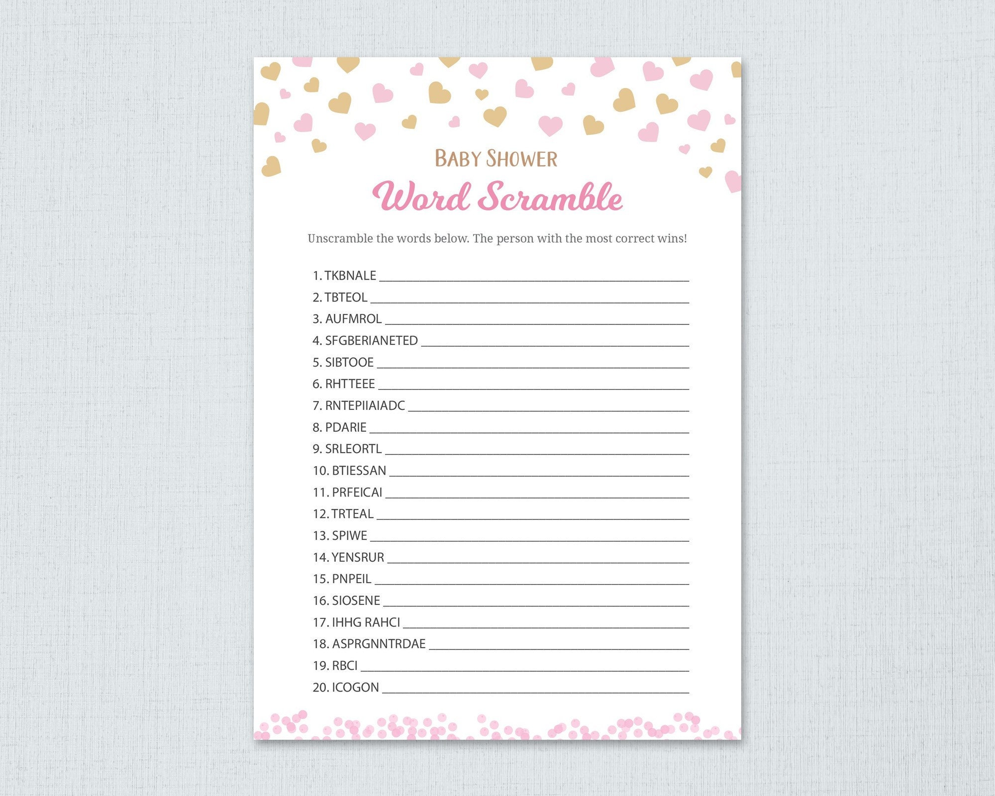 Word Scramble Game Printable, Baby Shower Games, Gold Confetti, Girl