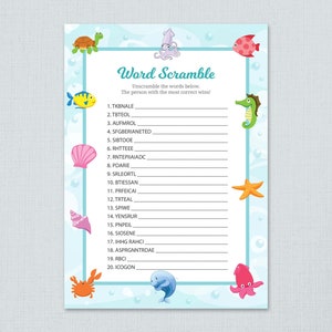 Baby Shower Word Scramble Game Printable, Instant Download, Ocean, Under the Sea, Underwater Theme, Baby Shower Activity, Word Scramble B006