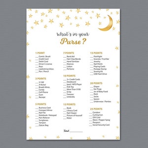 What&#39;s in Your Purse, Moon and Stars Baby Shower Game Printable, Gender Neutral, Purse Raid, Purse Hunt, Whats in your Bag, Download, B044