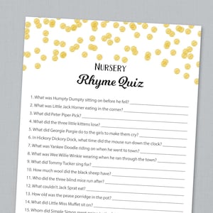 Nursery Rhyme Quiz, Baby Shower Game Printable, Gold Confetti, Instant Download, Gender Neutral, Baby Shower Activity, Rhyme Quiz, B001