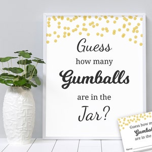 Indovina quante gomme da masticare ci sono nel barattolo stampabile, giochi per baby shower, coriandoli dorati, indovina quante caramelle, palline di gomma, carte e cartello, B001
