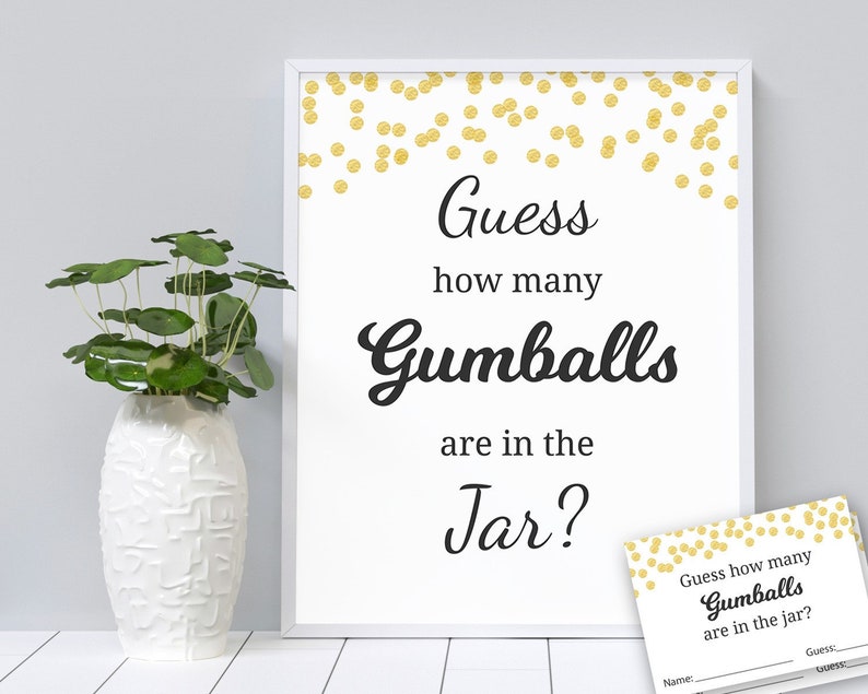 Guess How Many Gumballs are in the Jar Printable, Baby Shower Games, Gold Confetti, Guess How Many Candies, Gum Balls, Cards and Sign, B001 image 1