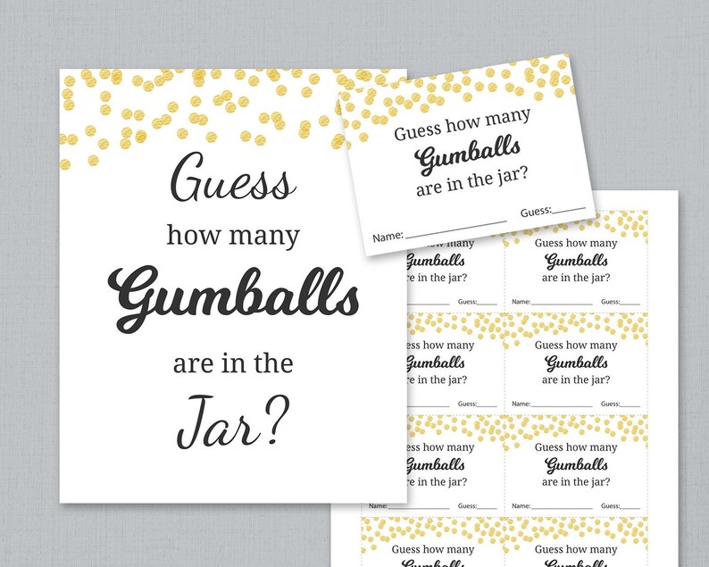 Guess How Many Gumballs are in the Jar Printable, Baby Shower Games, Gold Confetti, Guess How Many Candies, Gum Balls, Cards and Sign, B001 image 2