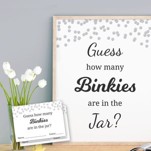 Binky Guessing Game, Baby Shower Games Printable, Silver, Binky, Guess How Many Binkies are in the Jar, Binkies in Bottle, Pacifier, B016