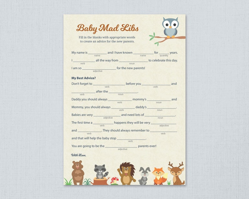 Woodland Baby Mad Libs Printable Download, Advice for the New Parents ...