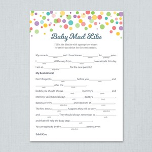 Rainbow Mad Libs Baby Shower Games Printable, Baby Shower Activity, Mad Libs, Color Polka Dots, Advice for Mommy, Instant Download, B010