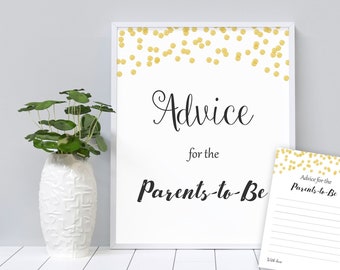 Advice for the Parents to Be Printable, Fun Baby Shower Advice Cards, Mom to Be, Gold Confetti, Gray Dots, Mommy Daddy, Parents, B001