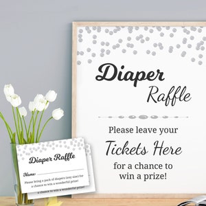 Baby Shower Diaper Raffle Tickets & Sign Printable, Silver Confetti Diaper Wipes Raffle Card, Baby Shower Games, Instant Download, B016